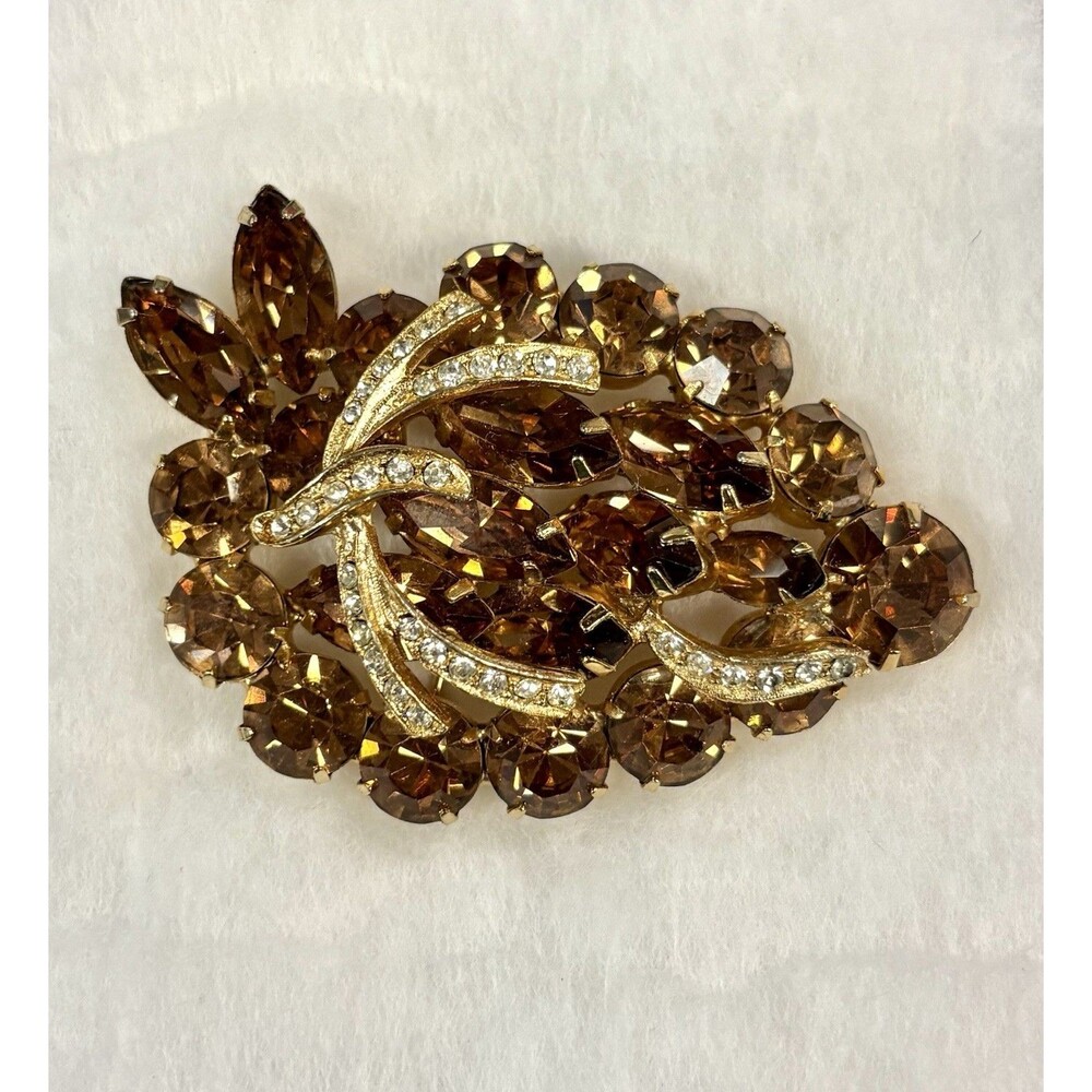 Vintage Amber Topaz Rhinestone Strawberry Brooch Gold Tone Fruit Statement Pin